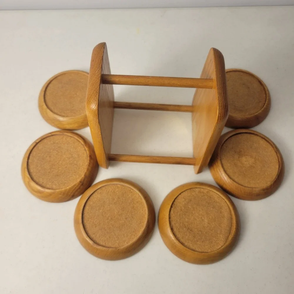 Himark Wood Coasters MCM Brown Vintage Oak Cork 6 Piece Set with Caddy